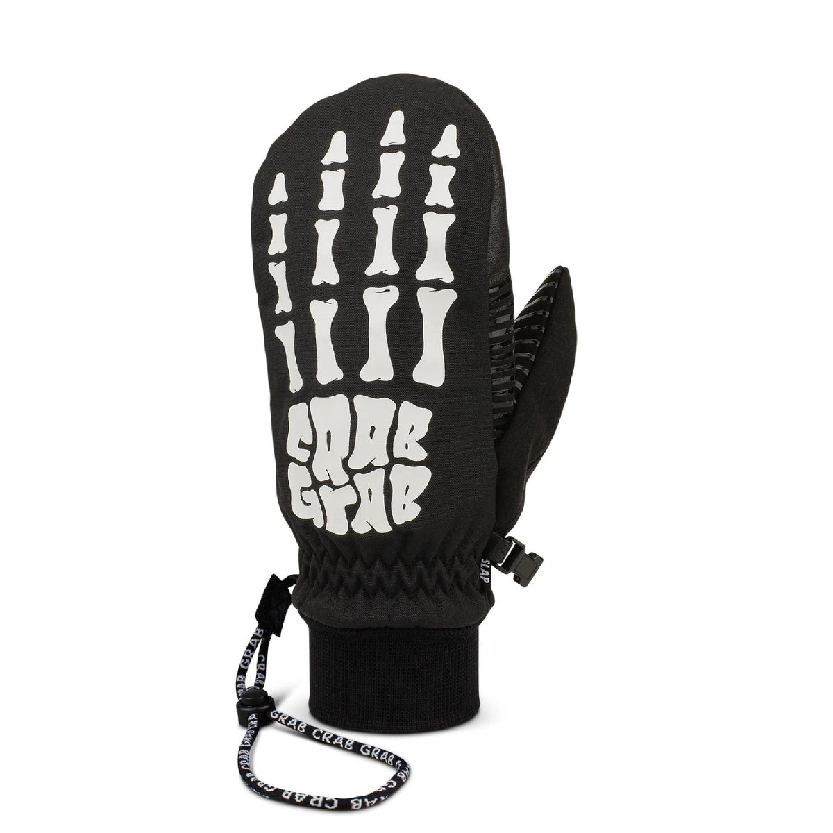 Black slap mitt with white crab-hand graphic on back and knit cuff with wrist strap.