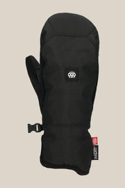 Women's black ski mitten with logo patch, pull-on cuff and wrist strap
