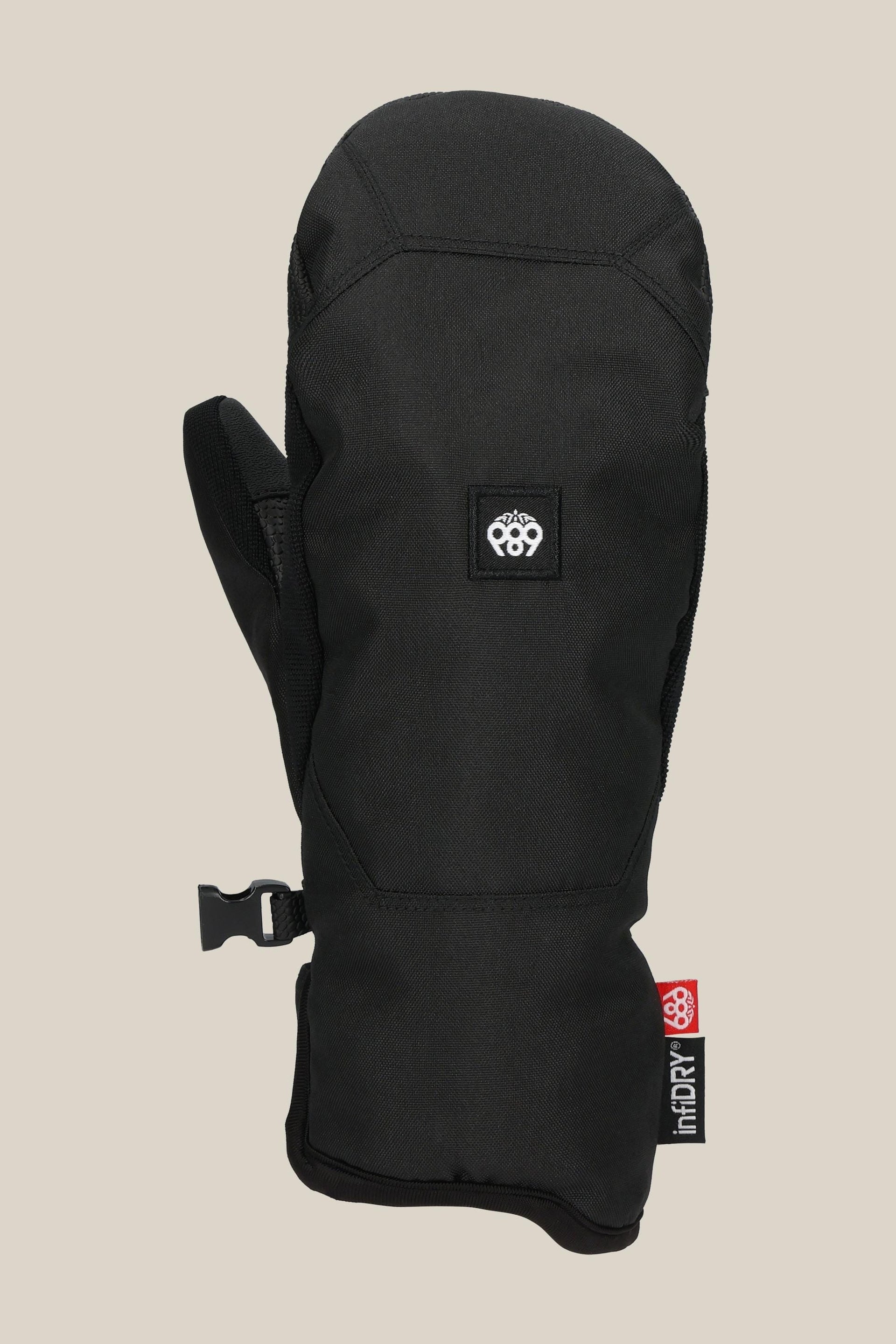 Women's black ski mitten with logo patch, pull-on cuff and wrist strap