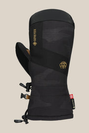 686 men's GORE-TEX ski mitt, black camo shell with brand logo and hook straps