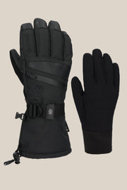 Black 3-in-1 gauntlet gloves with long cuffs, knuckle padding, and wrist strap