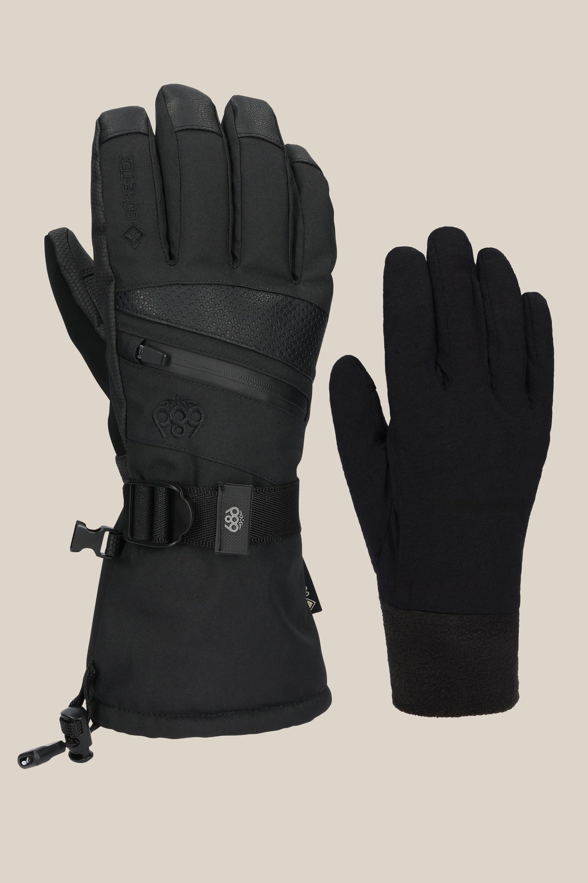 Black 3-in-1 gauntlet gloves with long cuffs, knuckle padding, and wrist strap