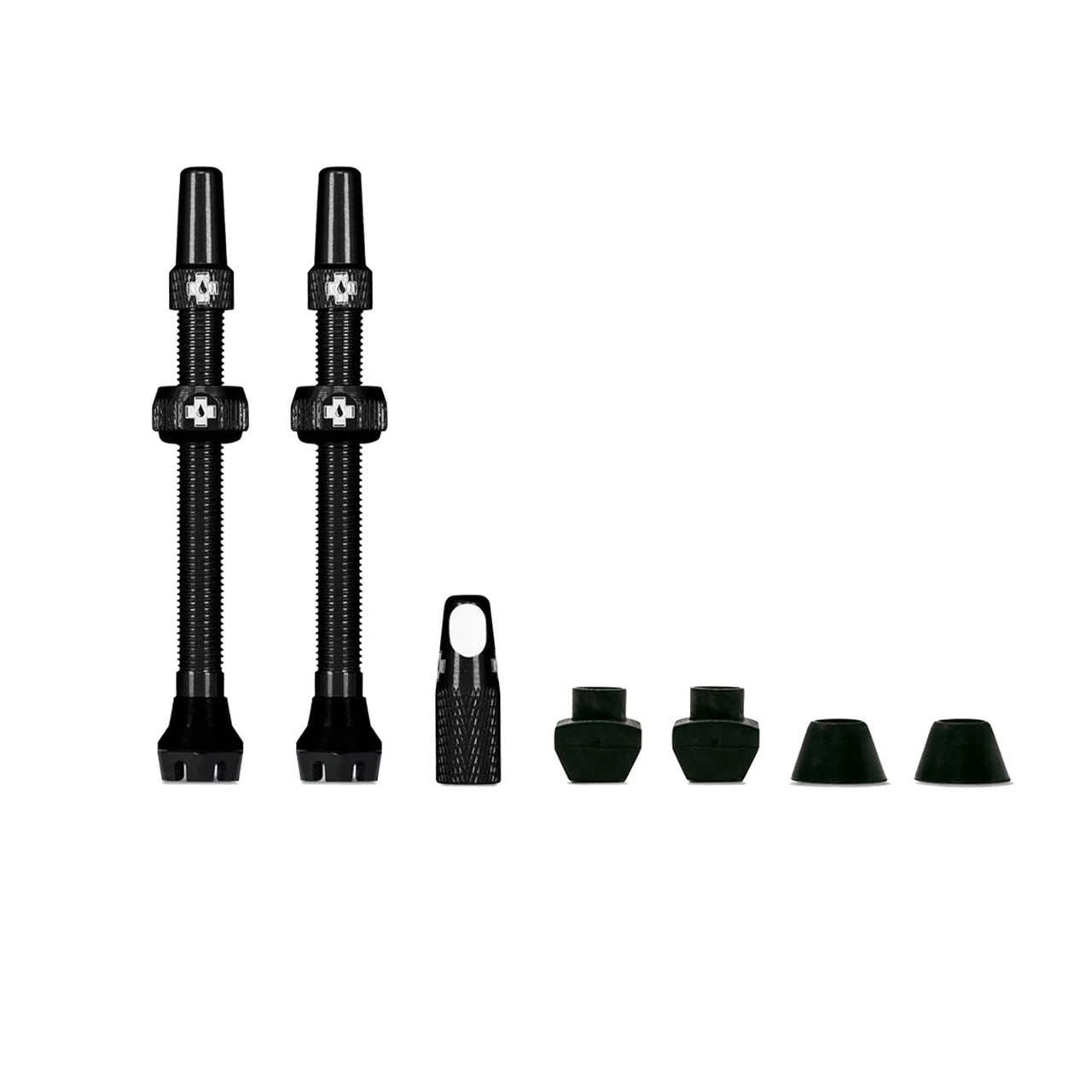 Presta valve stem set with black stems and assorted cap covers
