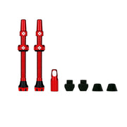 Presta valve stem set with red stems and assorted cap covers