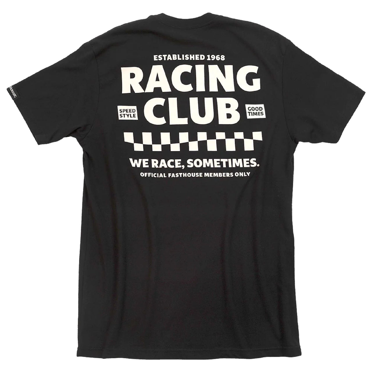 Black back graphic racing club T-shirt with checkered stripe and bold lettering