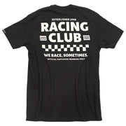Black back graphic racing club T-shirt with checkered stripe and bold lettering