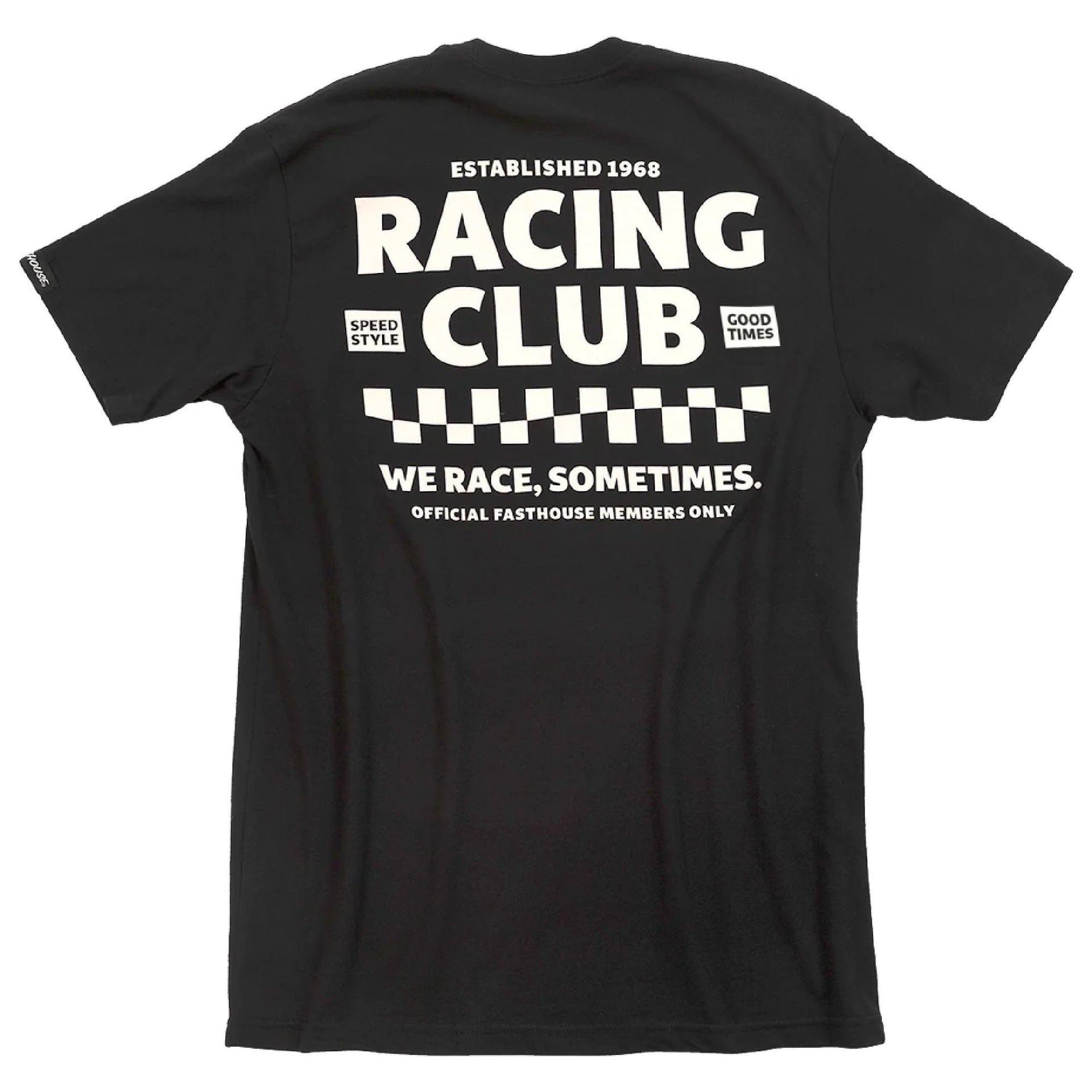 Black back graphic racing club T-shirt with checkered stripe and bold lettering
