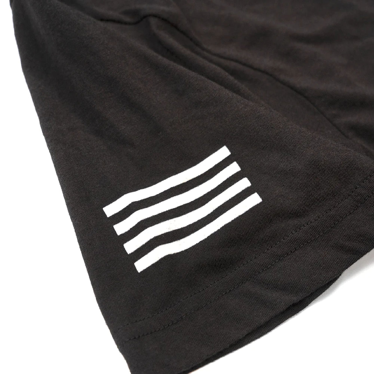 Black crewneck T-shirt sleeve with white triple-bar logo graphic.