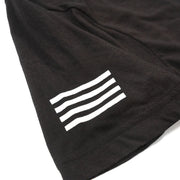 Black crewneck T-shirt sleeve with white triple-bar logo graphic.