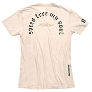 Men's cream crewneck T-shirt back with large arched 'free my soul' graphic.