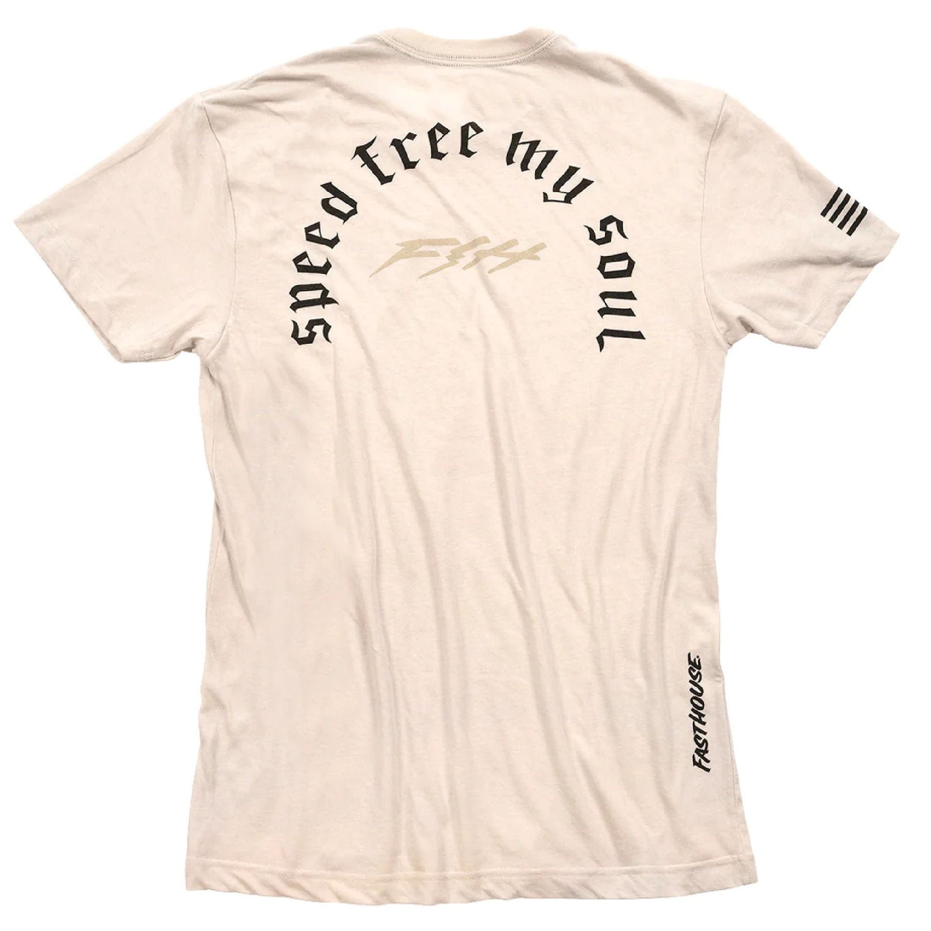 Men's cream crewneck T-shirt back with large arched 'free my soul' graphic.