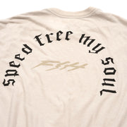 Cream T-shirt back graphic with large 'free my soul' arch and central logo.