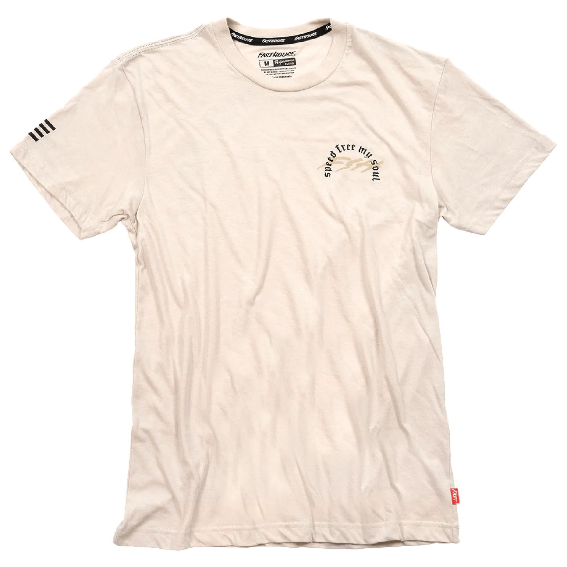 Men's cream crewneck tech T-shirt with arched 'free my soul' graphic.