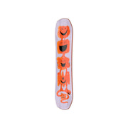 Youth snowboard deck with purple base and orange cartoon graphics