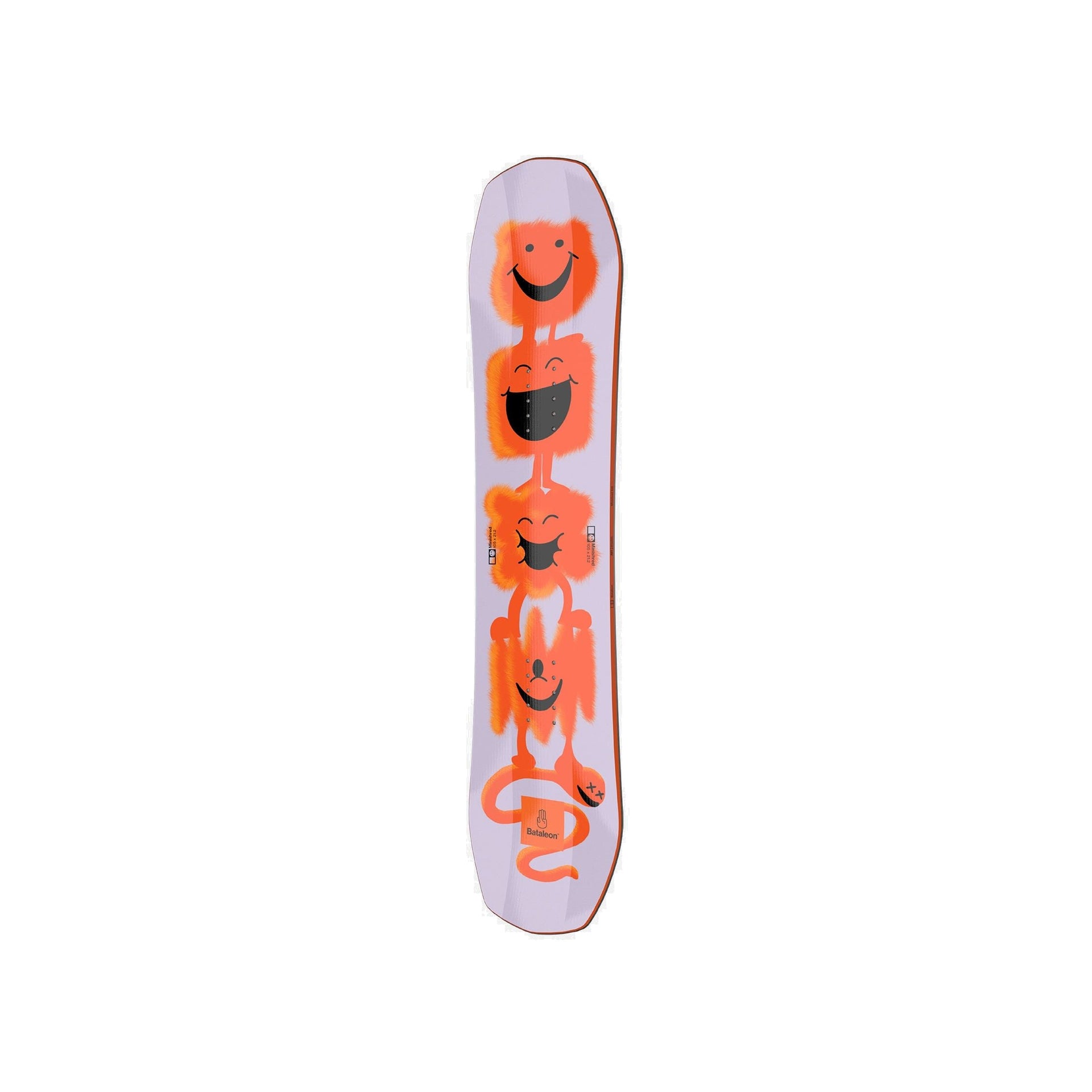 Youth snowboard deck with purple base and orange cartoon graphics
