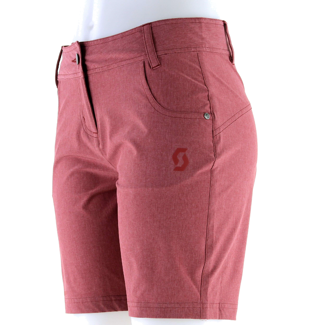 Women’s trail MTN 40 shorts in Merlot Red, front pockets and belt loops