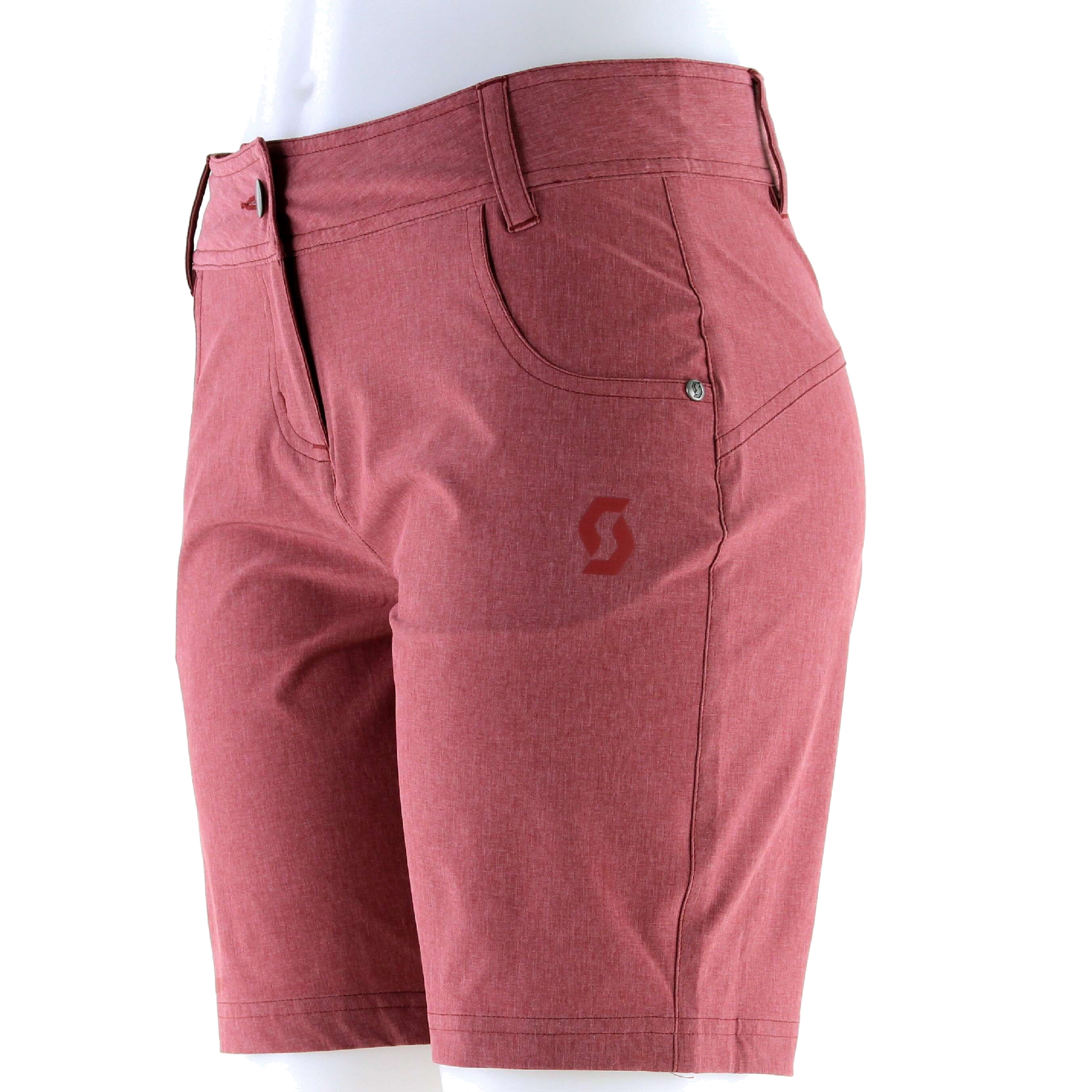 Women’s trail MTN 40 shorts in Merlot Red, front pockets and belt loops
