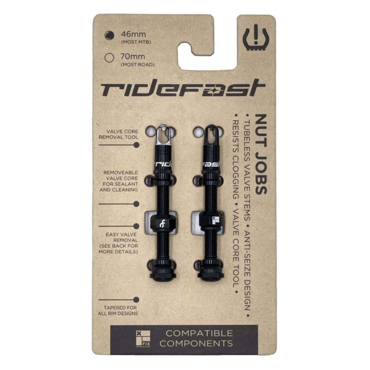 Black Nut Job valve set with two valve tools on cardboard card