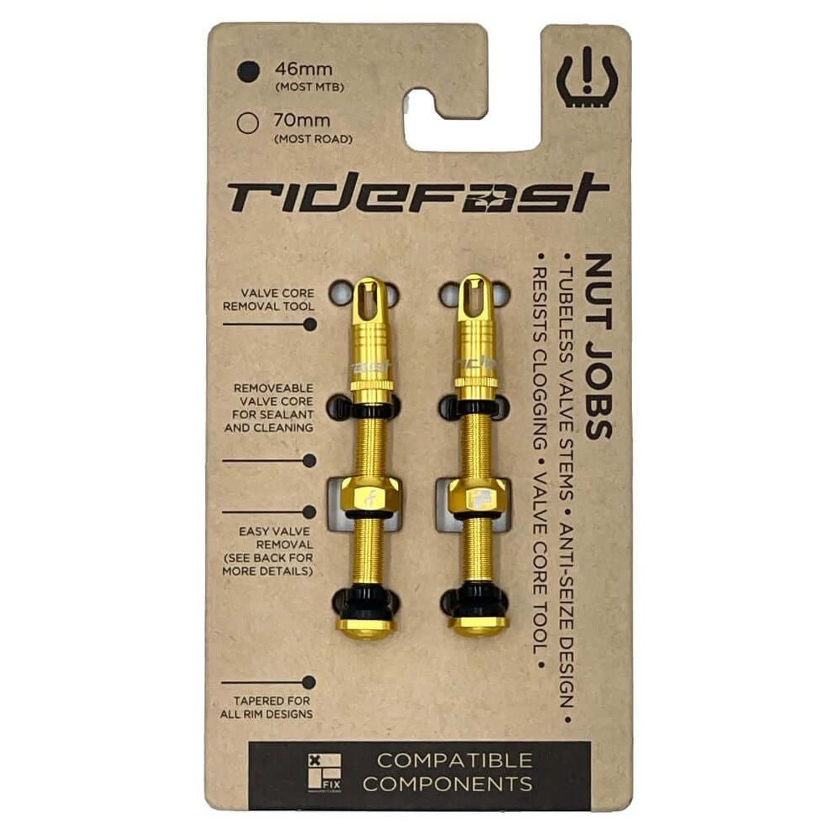 Gold Nut Job valve set with two valve tools on cardboard card