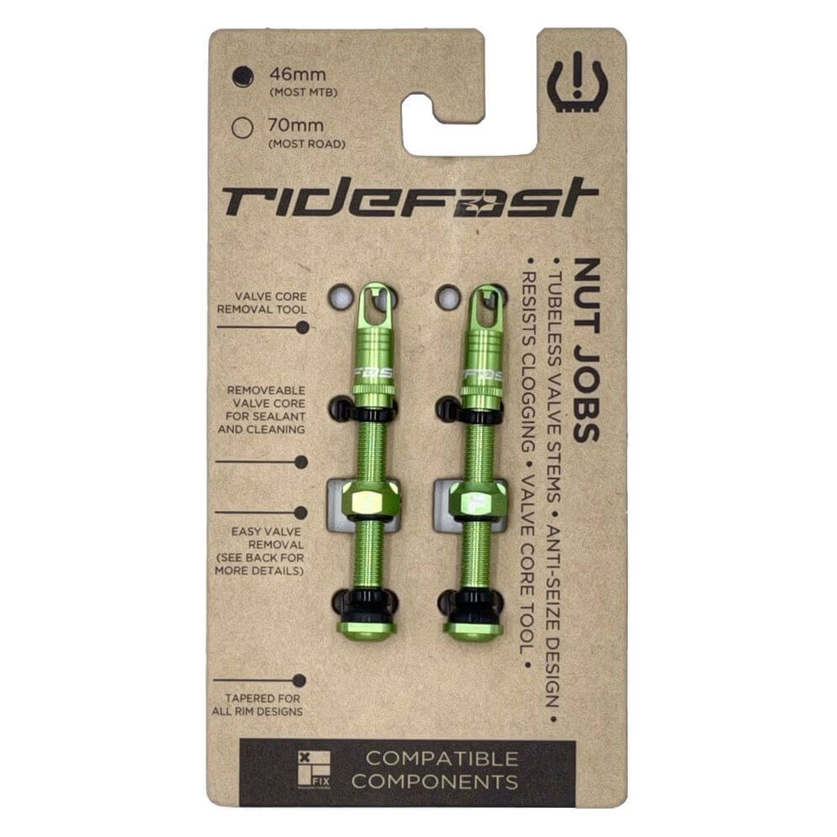 Green Nut Job valve set with two valve tools on cardboard card