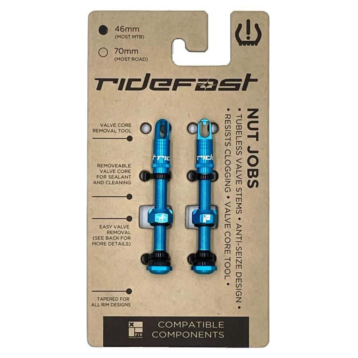 Blue Nut Job valve set with two valve tools on cardboard card