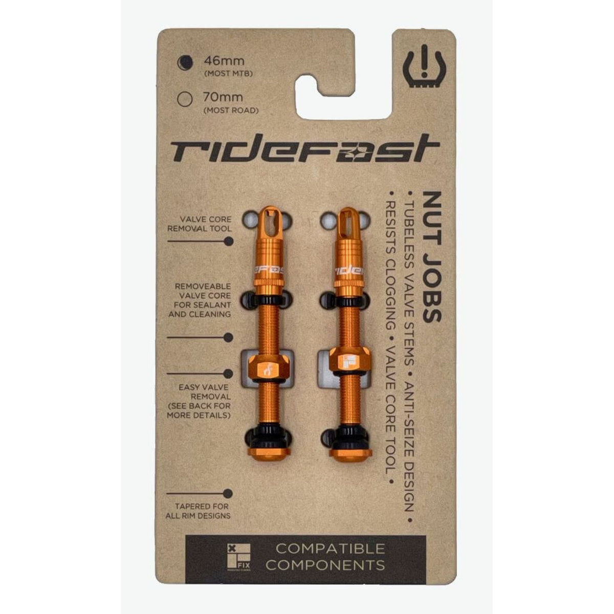 Orange Nut Job valve set with two valve tools on cardboard card