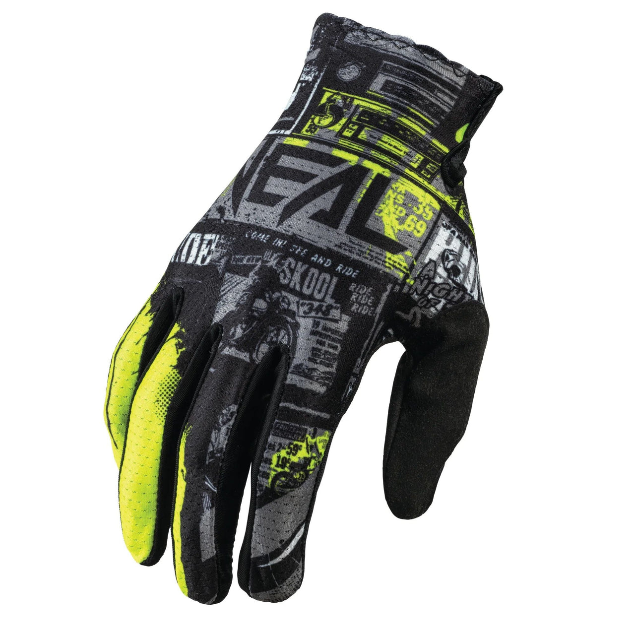 Youth ride gloves, black with neon yellow graphic print