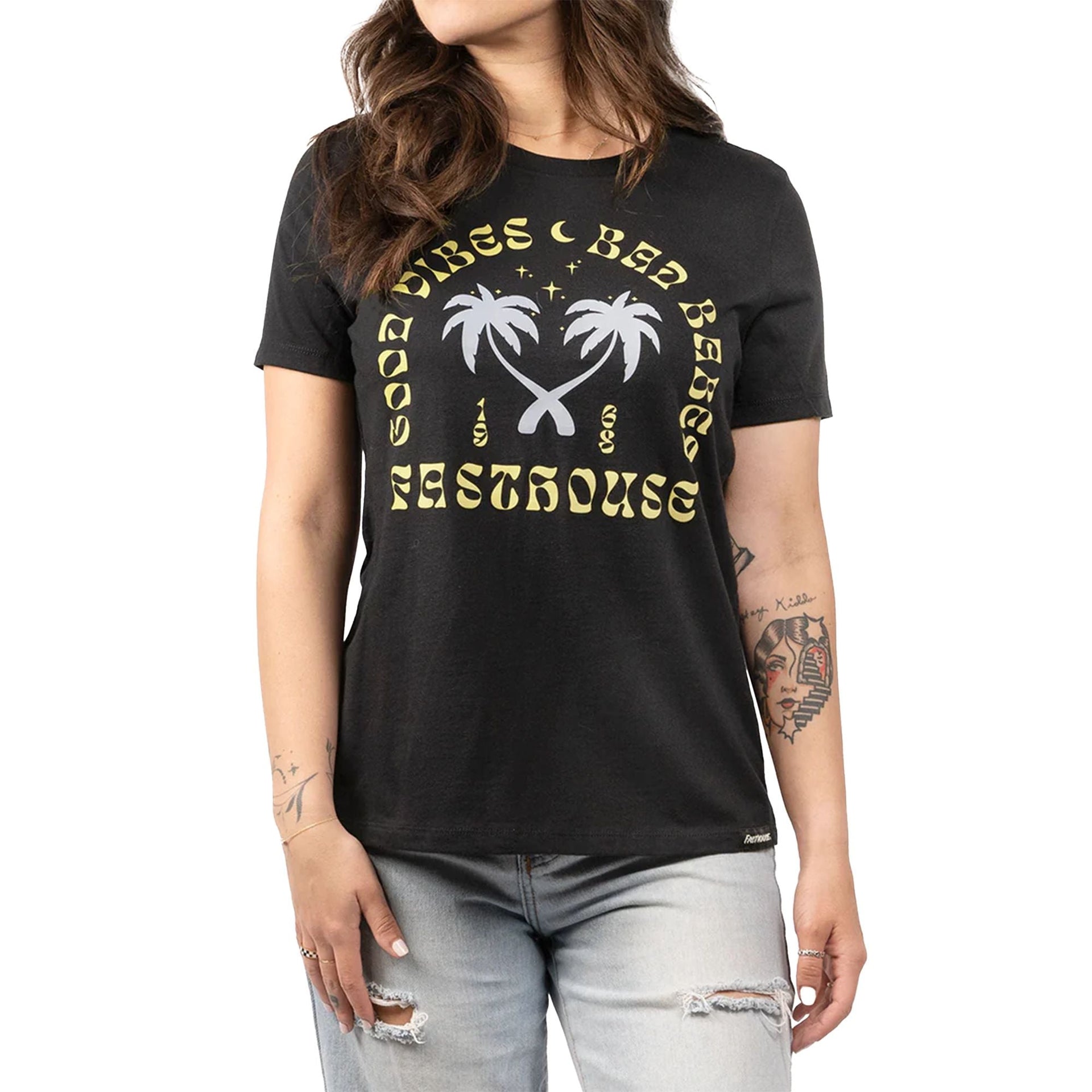 Women's black graphic short-sleeve tee with front palm-and-logo print