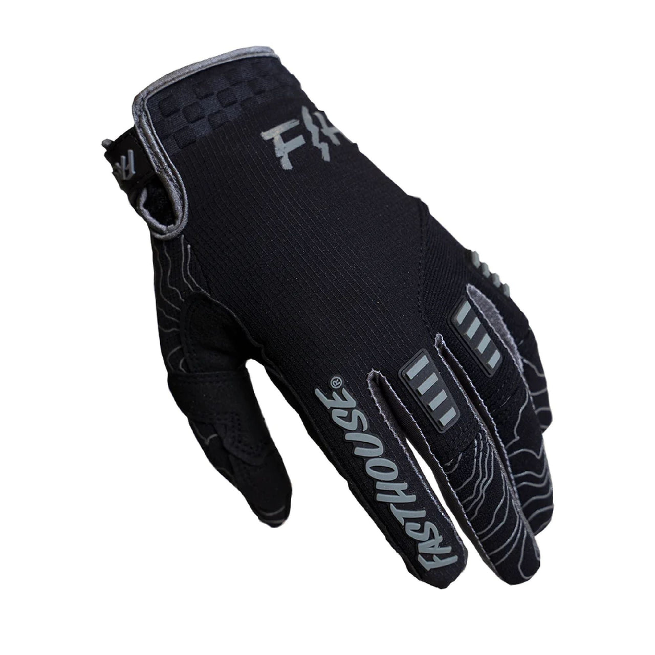 Black off-road gloves with gray logos and knuckle padding, hook-and-loop wrist closure