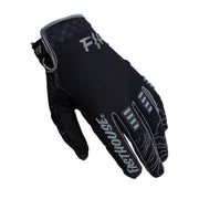 Black off-road gloves with gray logos and knuckle padding, hook-and-loop wrist closure