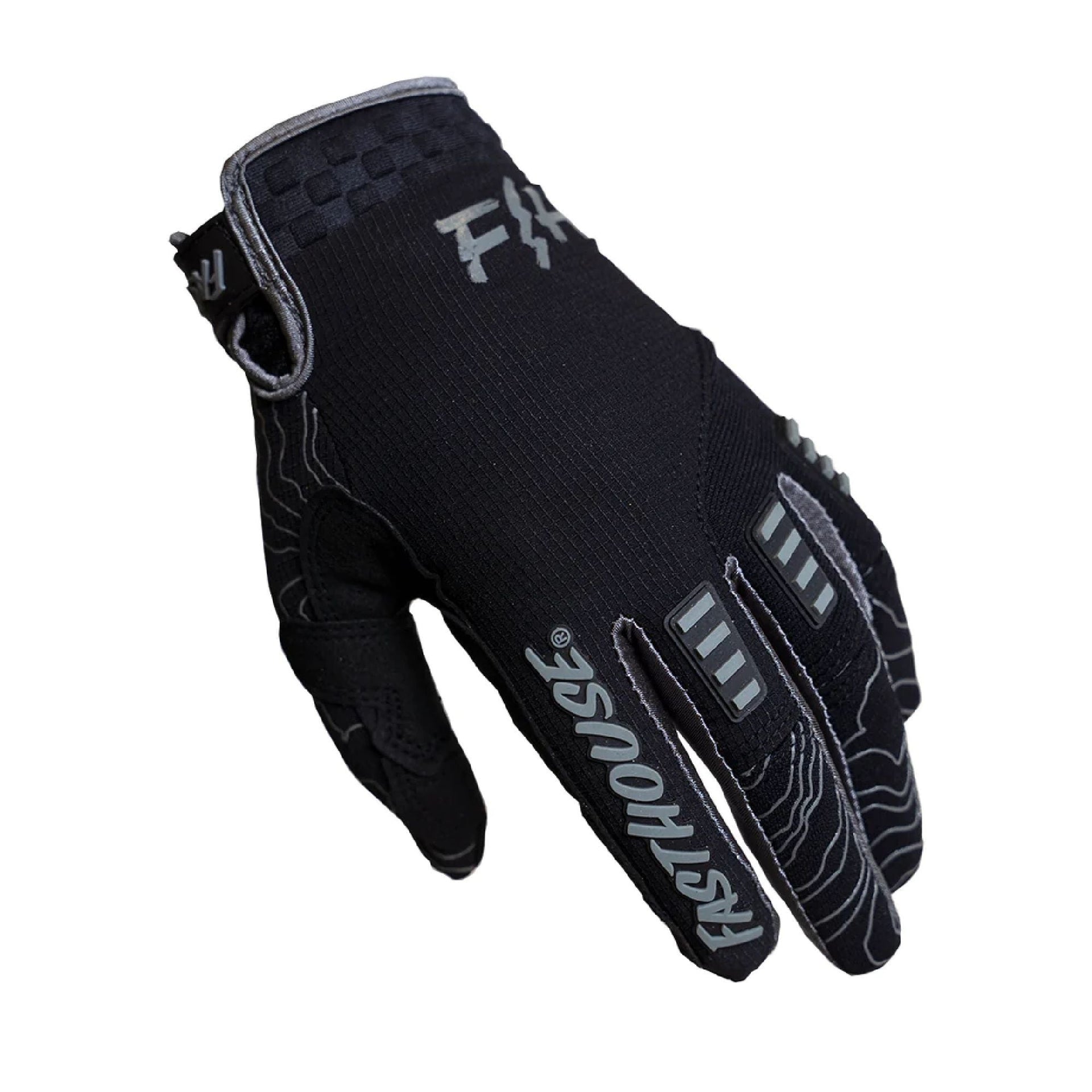 Black off-road gloves with gray logos and knuckle padding, hook-and-loop wrist closure