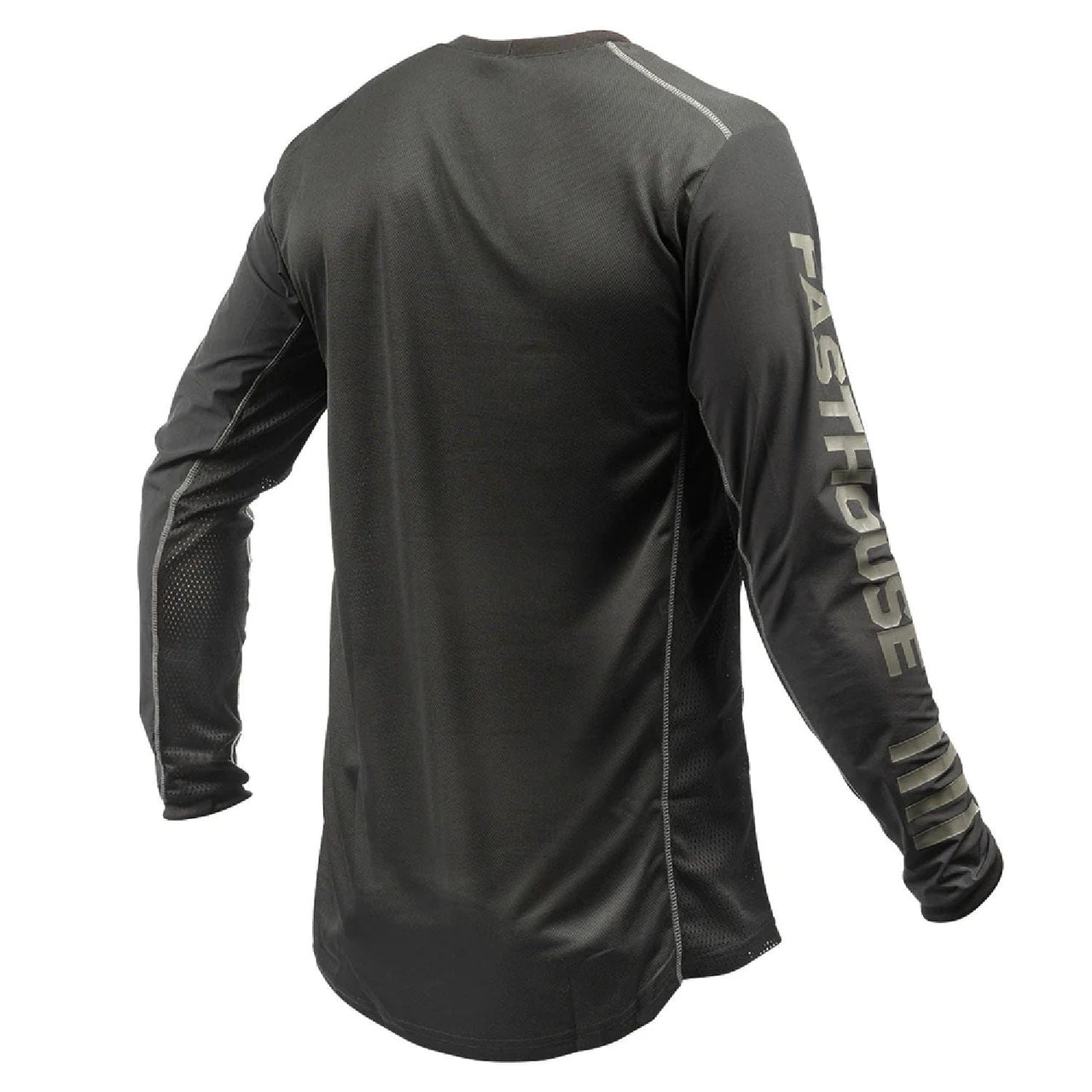 Black off-road long-sleeve jersey, rear view with vertical logo print on sleeves