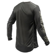 Black off-road long-sleeve jersey, rear view with vertical logo print on sleeves