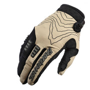 Sand and black off-road gloves with knuckle armor and printed palm panels
