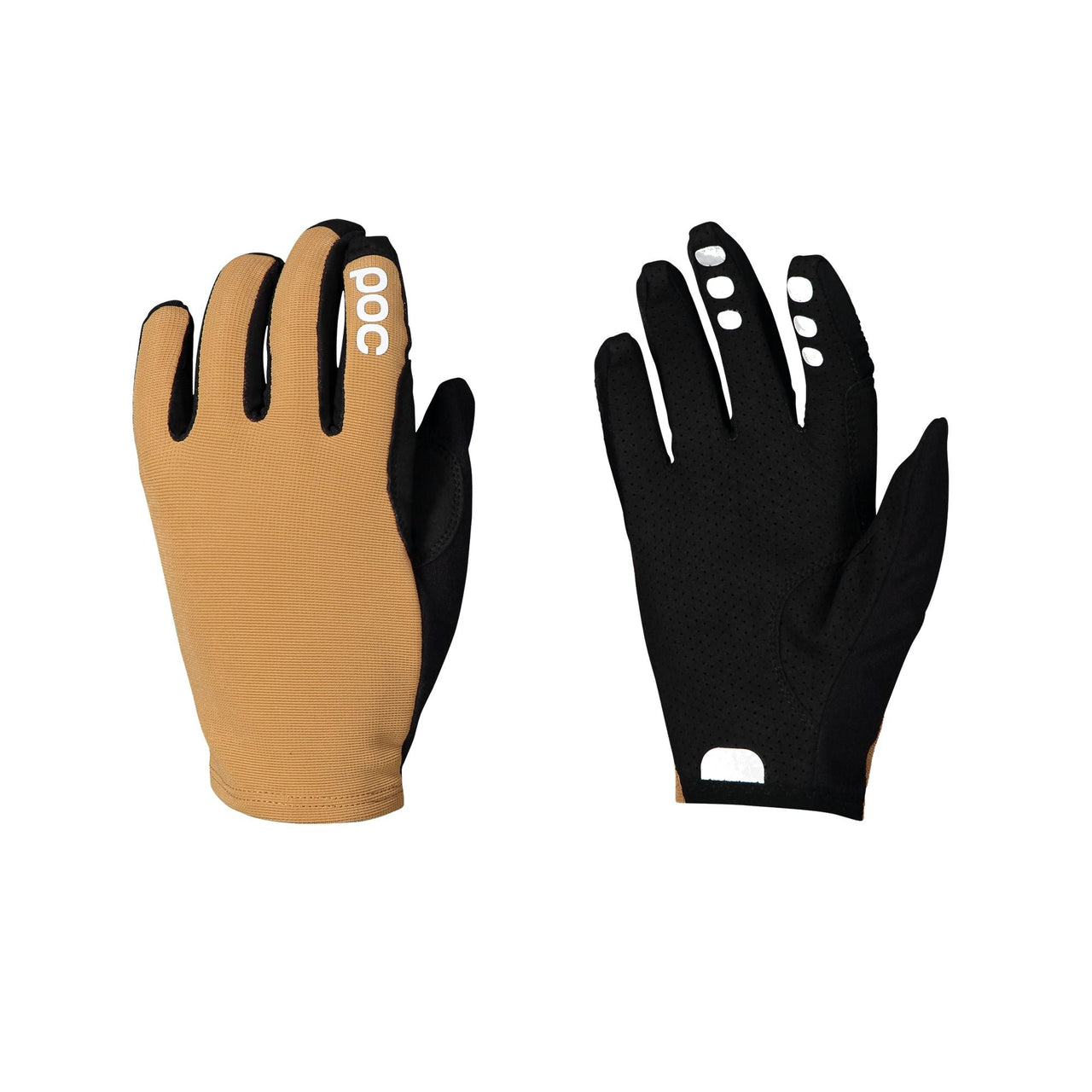 Enduro cycling gloves, tan with black accents and logo; black pair with white dot detail