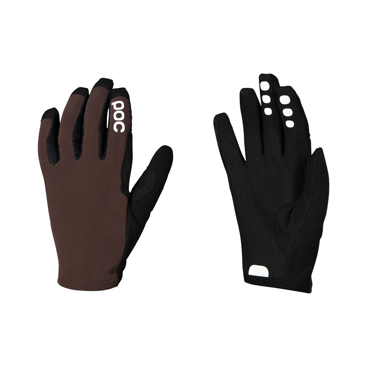 Enduro cycling gloves, dark brown with black accents and logo; black pair with white dots