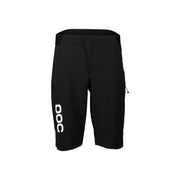 Dark protective cycling shorts with POC logo, front buttoned flap and drawcord