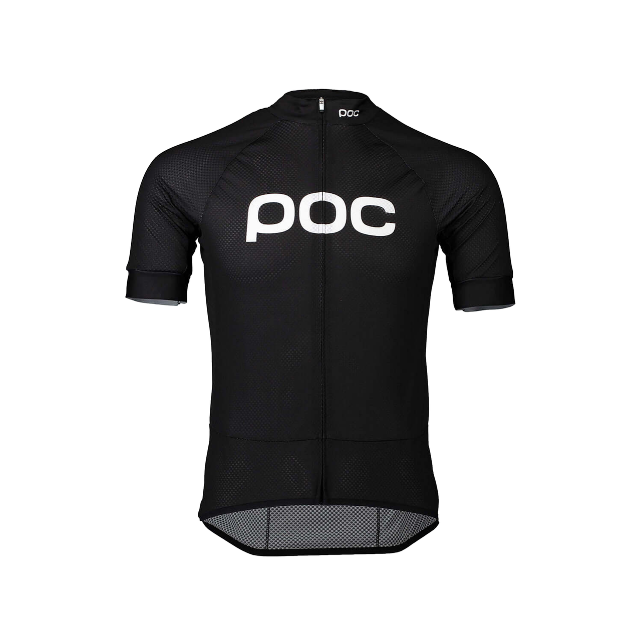 Black road cycling jersey with front POC logo and full-length zipper