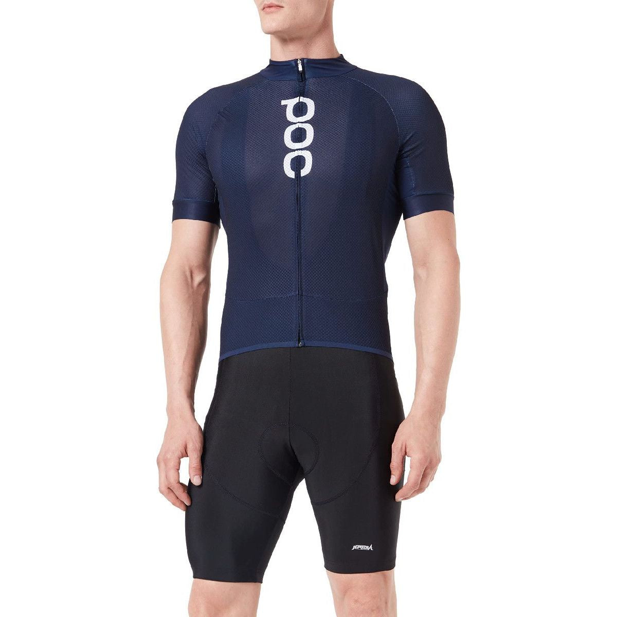 Navy road cycling jersey with vertical POC logo and short sleeves