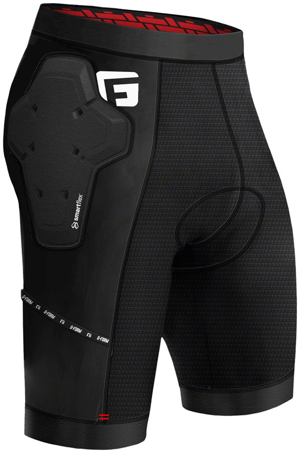 Men's black protective shorts with built-in pad panel and compression waistband