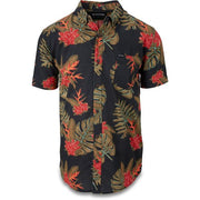 Dakine Poipu short-sleeve woven shirt, dark tropical print with red flowers and palms