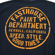 Navy crewneck T-shirt back graphic with orange circular Paint Department text