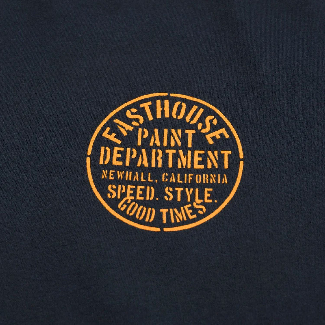 Navy T-shirt logo print in orange letters, round Paint Department seal
