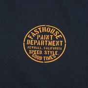 Navy T-shirt logo print in orange letters, round Paint Department seal