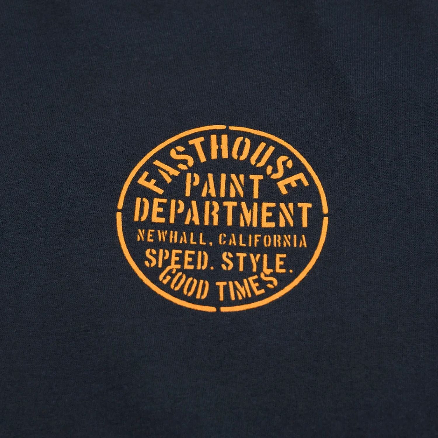 Navy T-shirt logo print in orange letters, round Paint Department seal