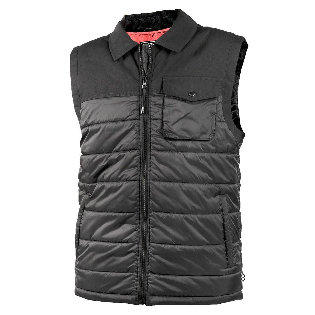 Black quilted puffer vest with stand collar, full front zipper, and chest pocket
