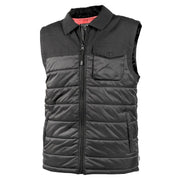 Black quilted puffer vest with stand collar, full front zipper, and chest pocket