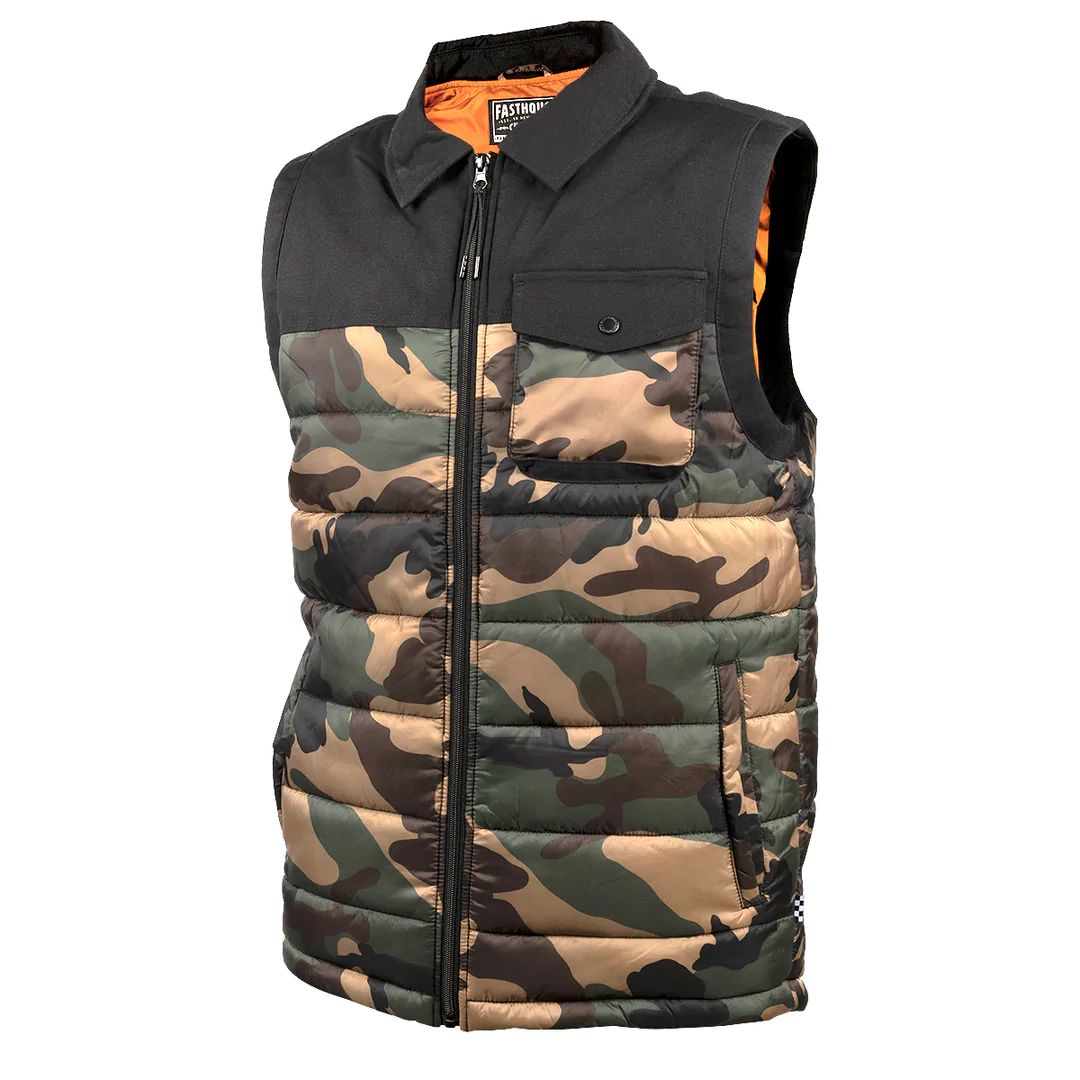 Camo puffer vest with black collar, front zipper, chest pocket, and orange tag