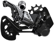 Rear derailleur, gray and black aluminum body with clutch and cage