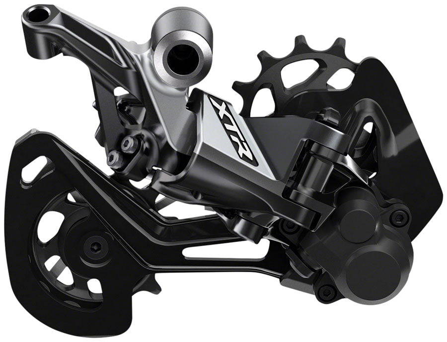 Rear derailleur, gray and black aluminum body with clutch and cage
